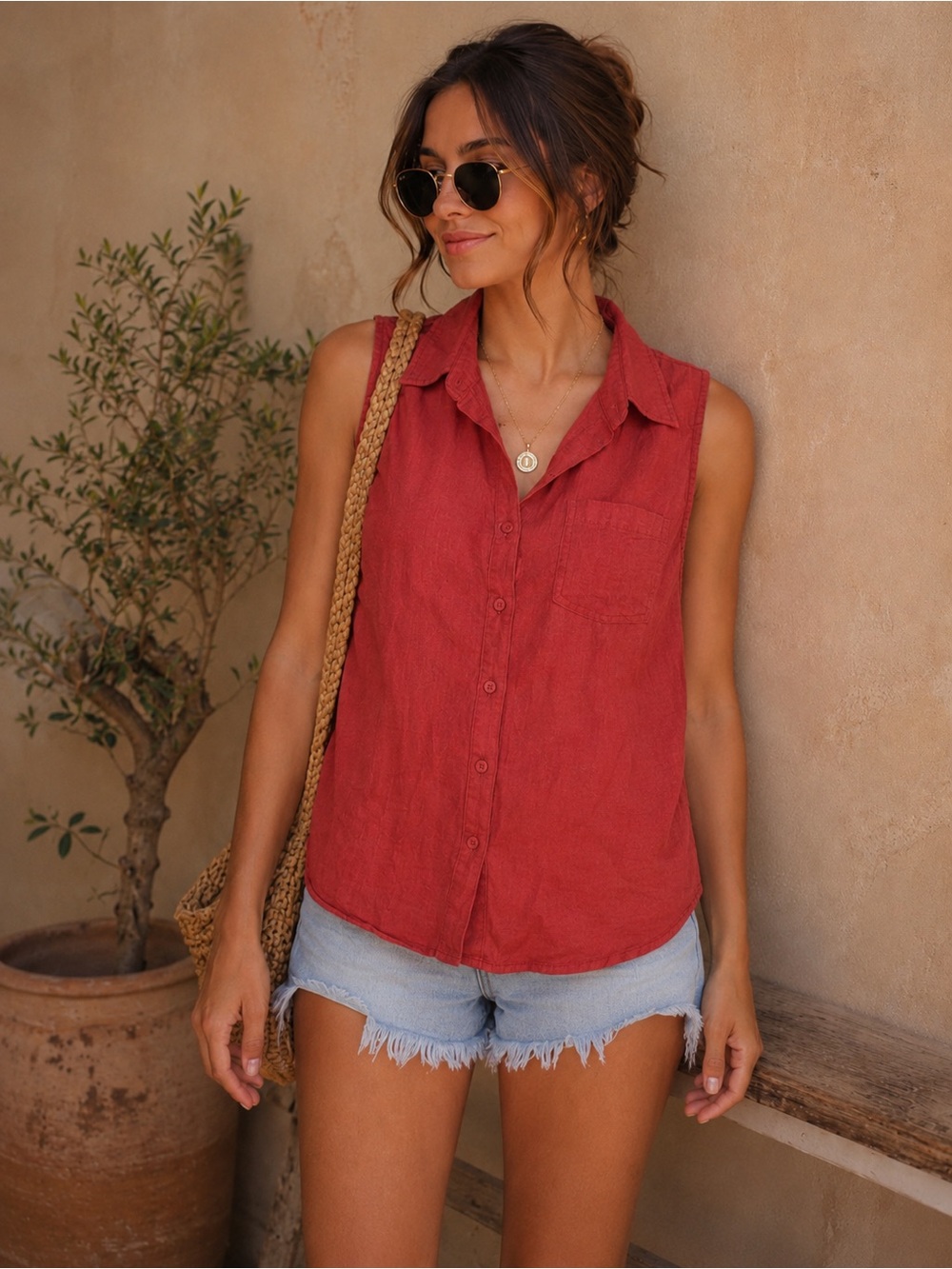 Ecothreads • Rust Linen Blend Blouse • Sleeveless Shirt • Medium